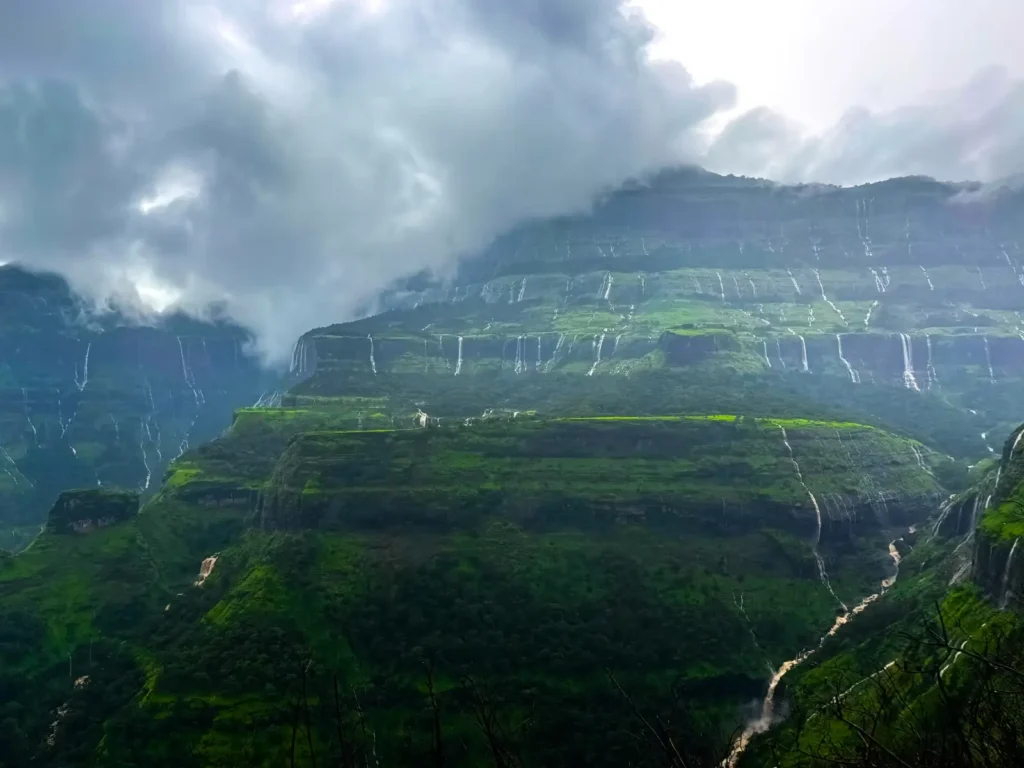 A landscape of Several Waterfalls running down from Sahyadri mountain range